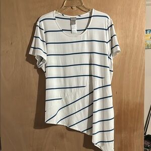 Chico's White and Blue Asymmetrical Short Sleeve T-Shirt